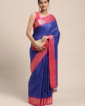 women's checks pattrens zari woven pure silk desinger gadwal saree with blouse piece saree