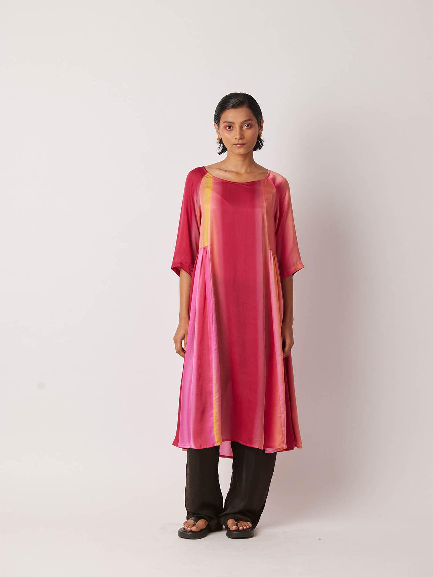 women's cheril colorblock & printed pink kurta