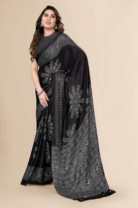 women's chiffon blocked printed hand batik sari with blouse piece - black