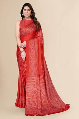 women's chiffon blocked printed hand batik sari with blouse piece - red