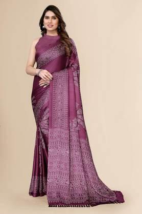 women's chiffon blocked printed hand batik sari with blouse piece - wine