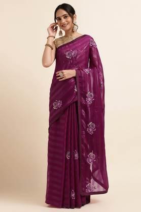 women's chiffon embellished and embroidered bollywood sari with blouse piece - wine