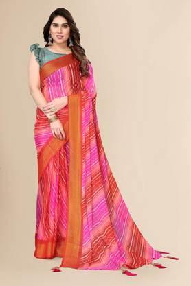 women's chiffon printed and embellished leheria sari with blouse piece - pink