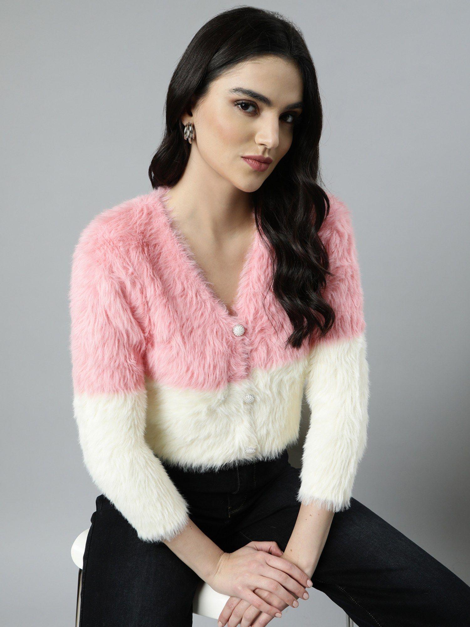 women's colorblock v-neck crop pink fuzzy cardigan