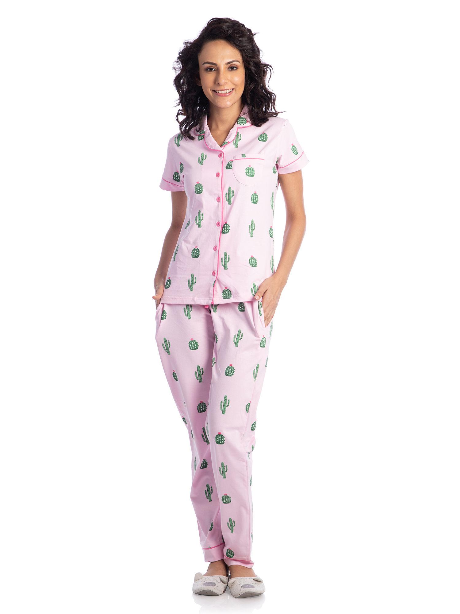 women's cool cactus cotton pyjama set - pink