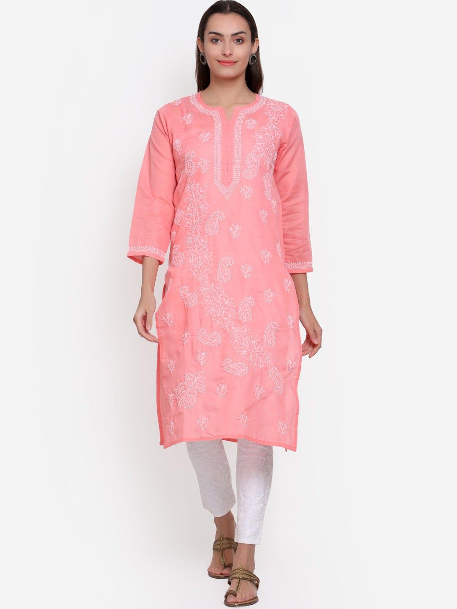 women's coral hand embroidered chikankari cotton straight kurta