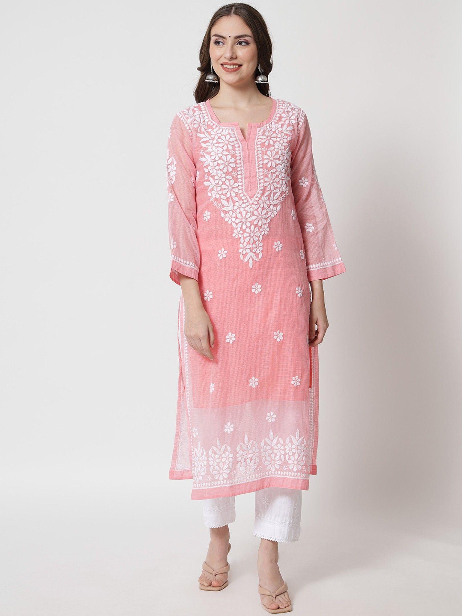 women's coral hand embroidered chikankari kota kurta & inner (set of 2)