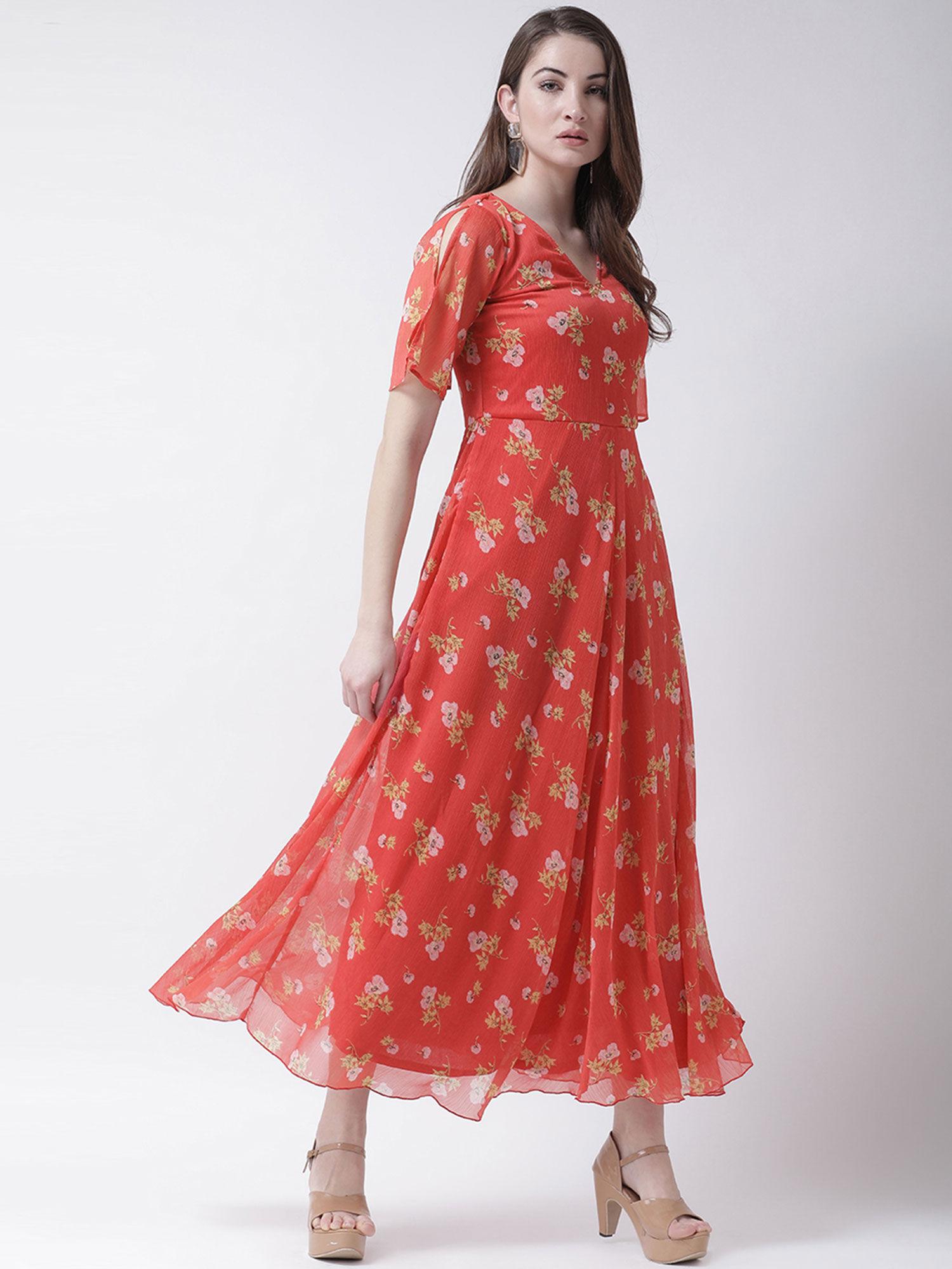 women's coral printed flared dress