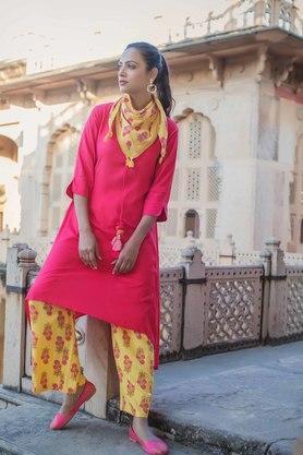 women's coral rayon slub solid asymmetric kurta with printed palazzo & scarf - coral