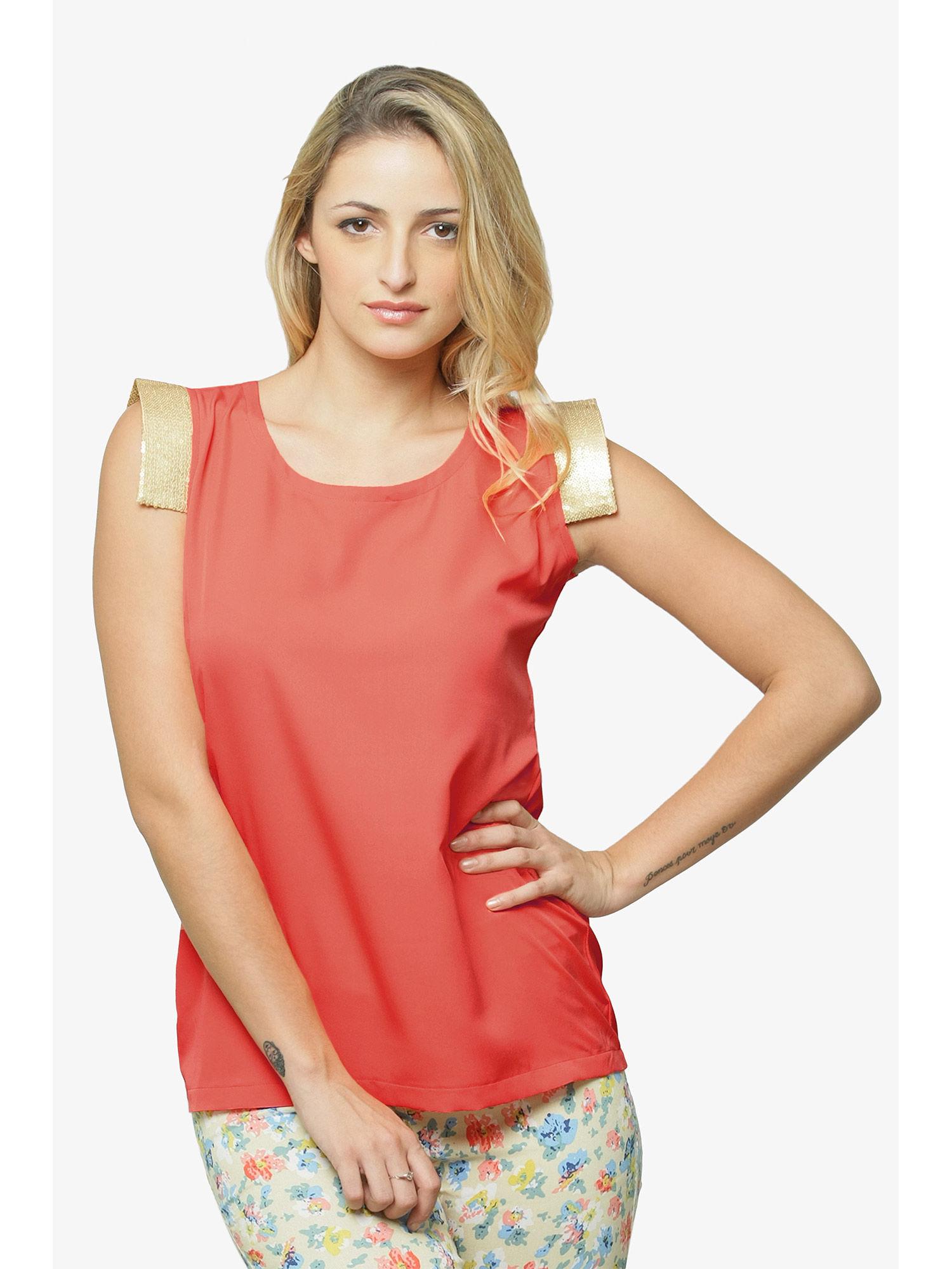 women's coral round neck sleeveless basic solid top