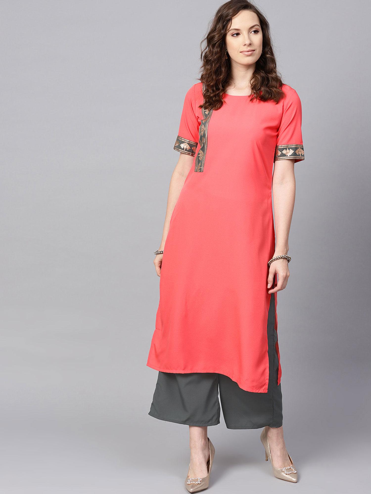 women's coral solid straight crepe kurta