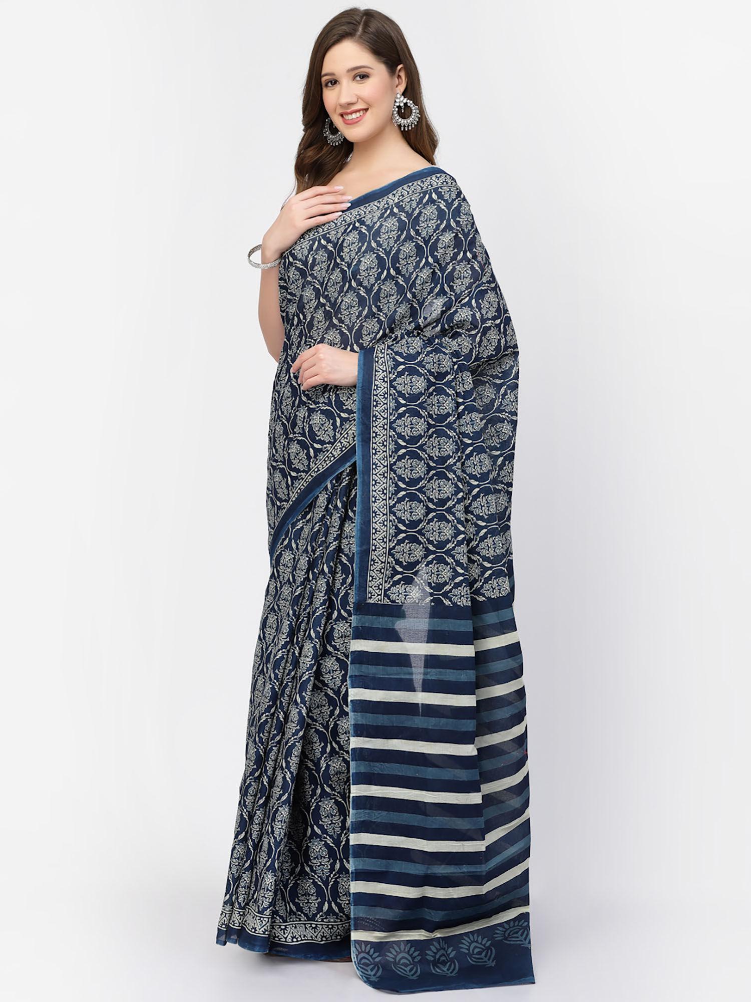 women's cotton ajrakh printed saree with unstitched blouse