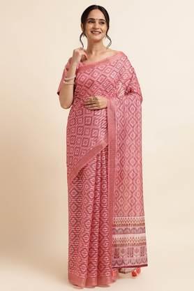 women's cotton blend digital print and embellished bollywood sari with blouse piece - pink