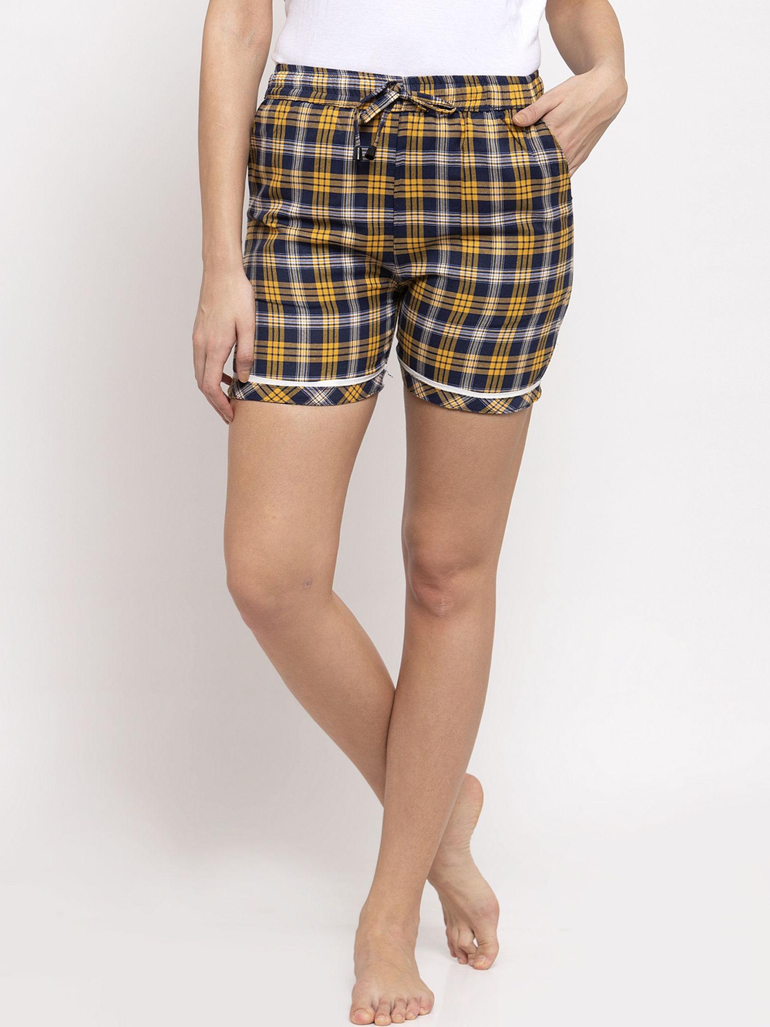 women's cotton checked shorts - yellow