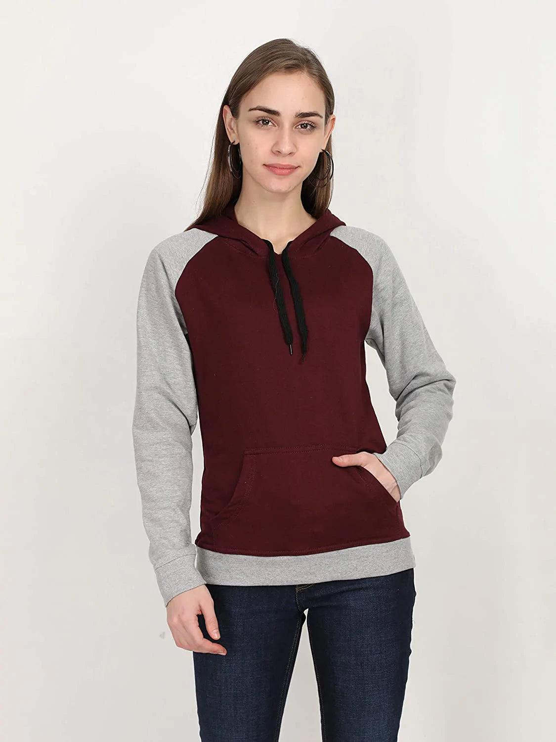 women's cotton color block raglan full sleeve sweatshirt/hoodies