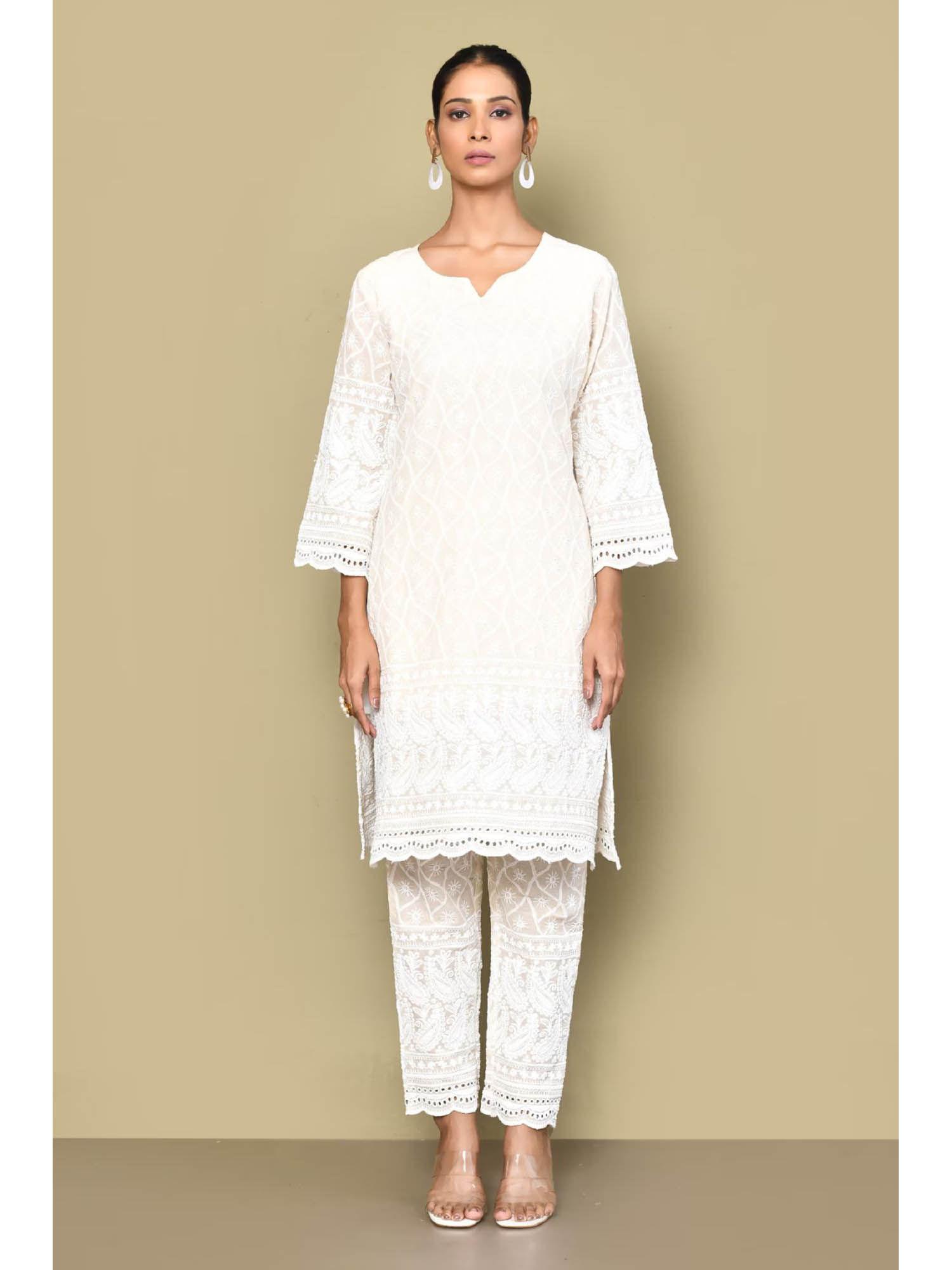 women's cotton embroidery straight kurta and pant (set of 2)