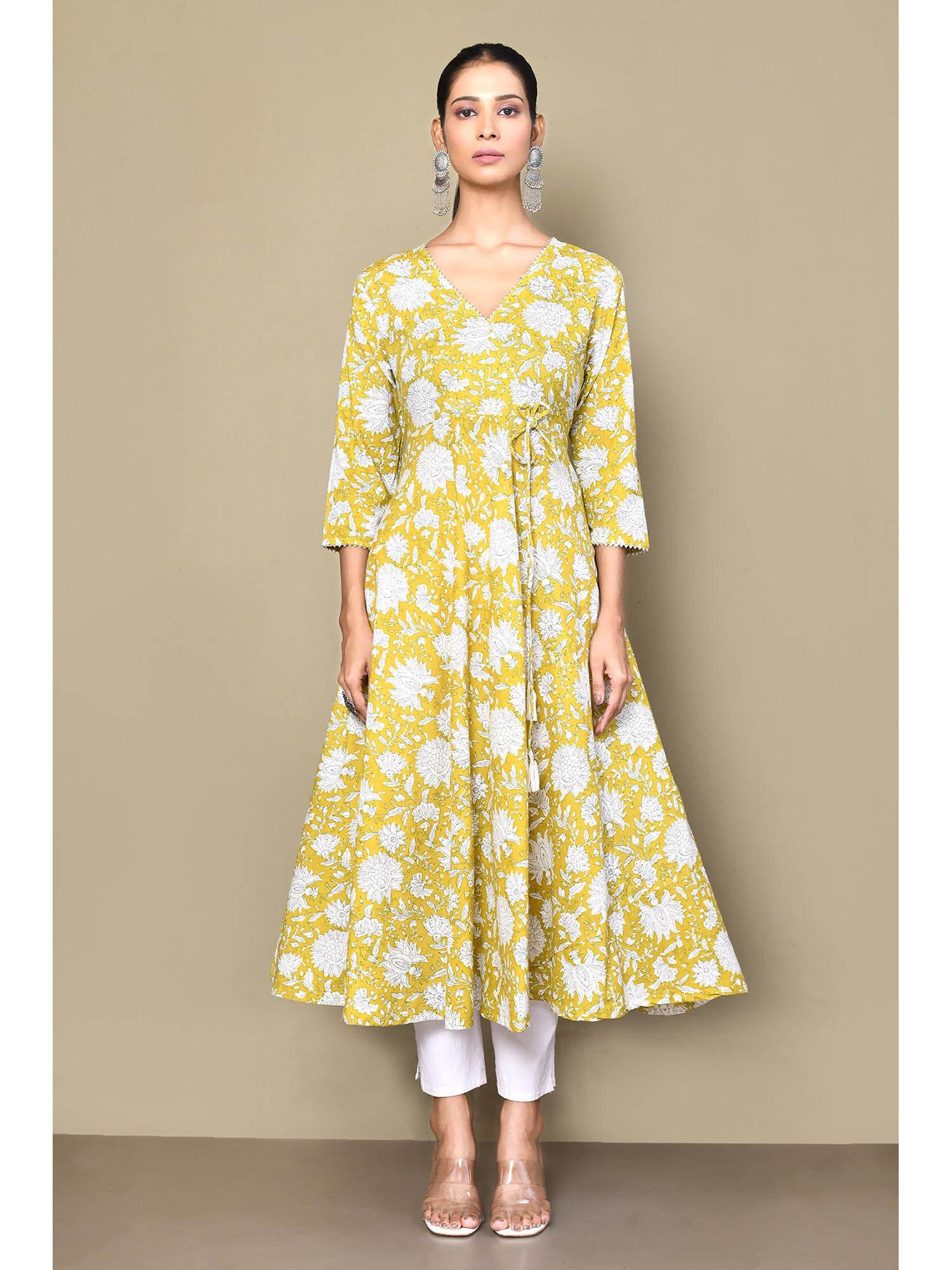 women's cotton floral printed mustard angarkha kurta