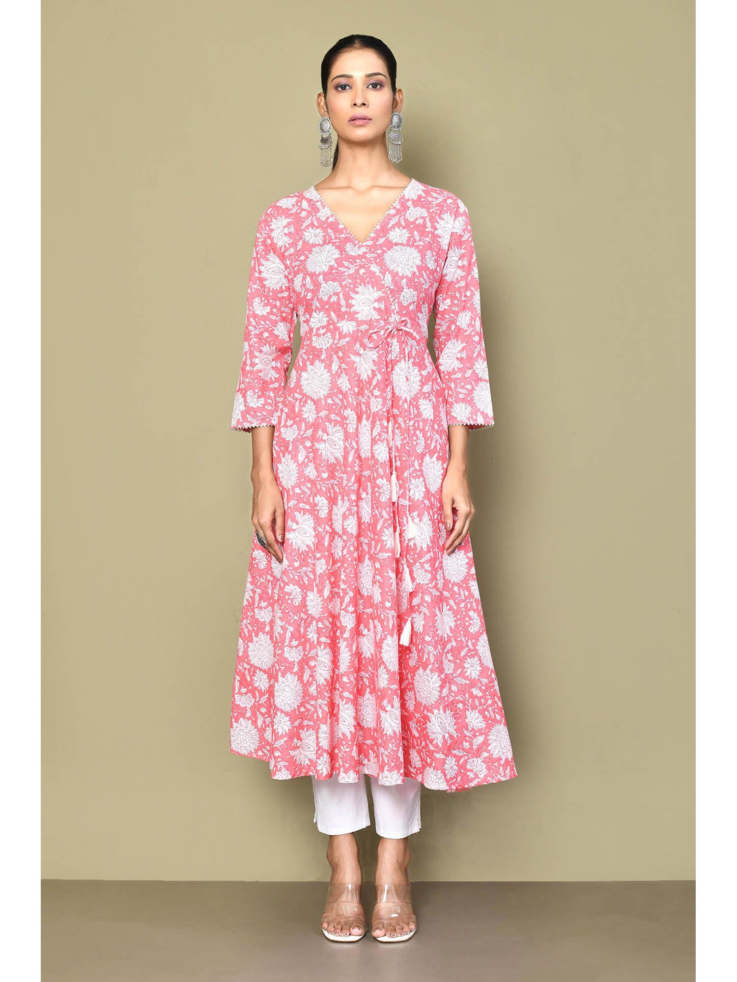 women's cotton floral printed pink angarkha kurta