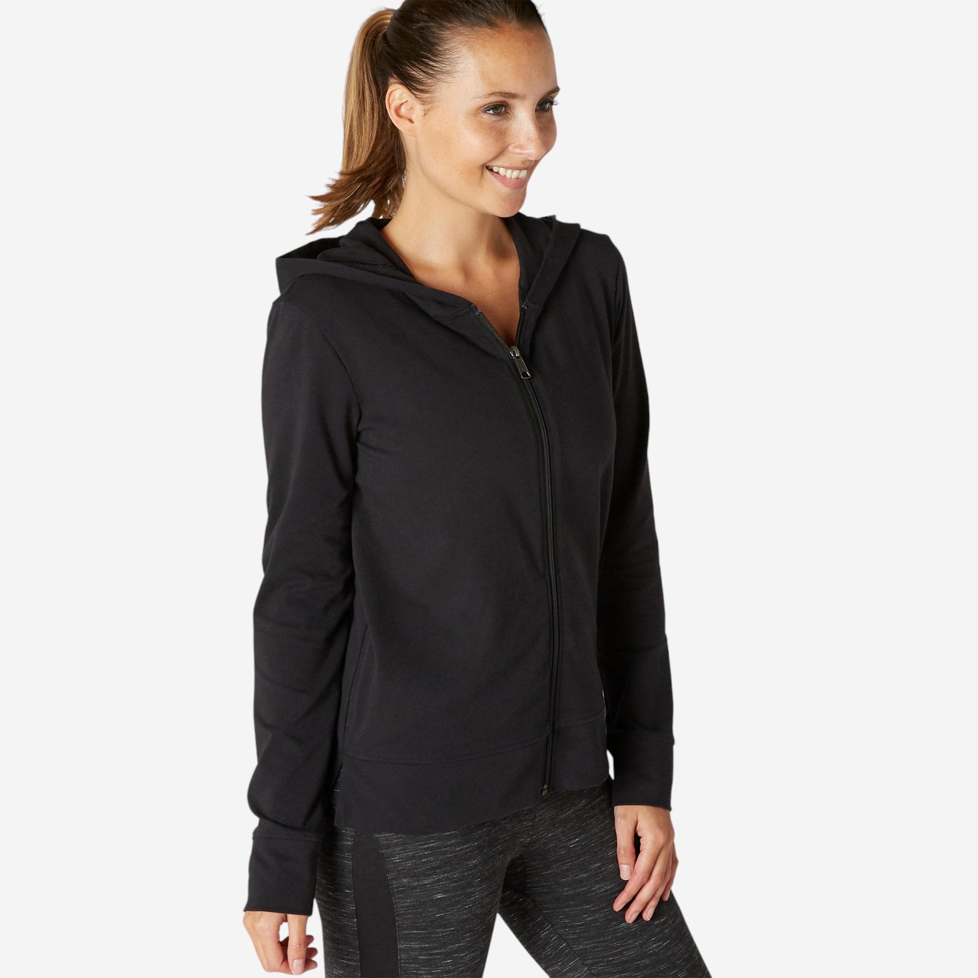 women's cotton gym jacket hoodie 100 - black