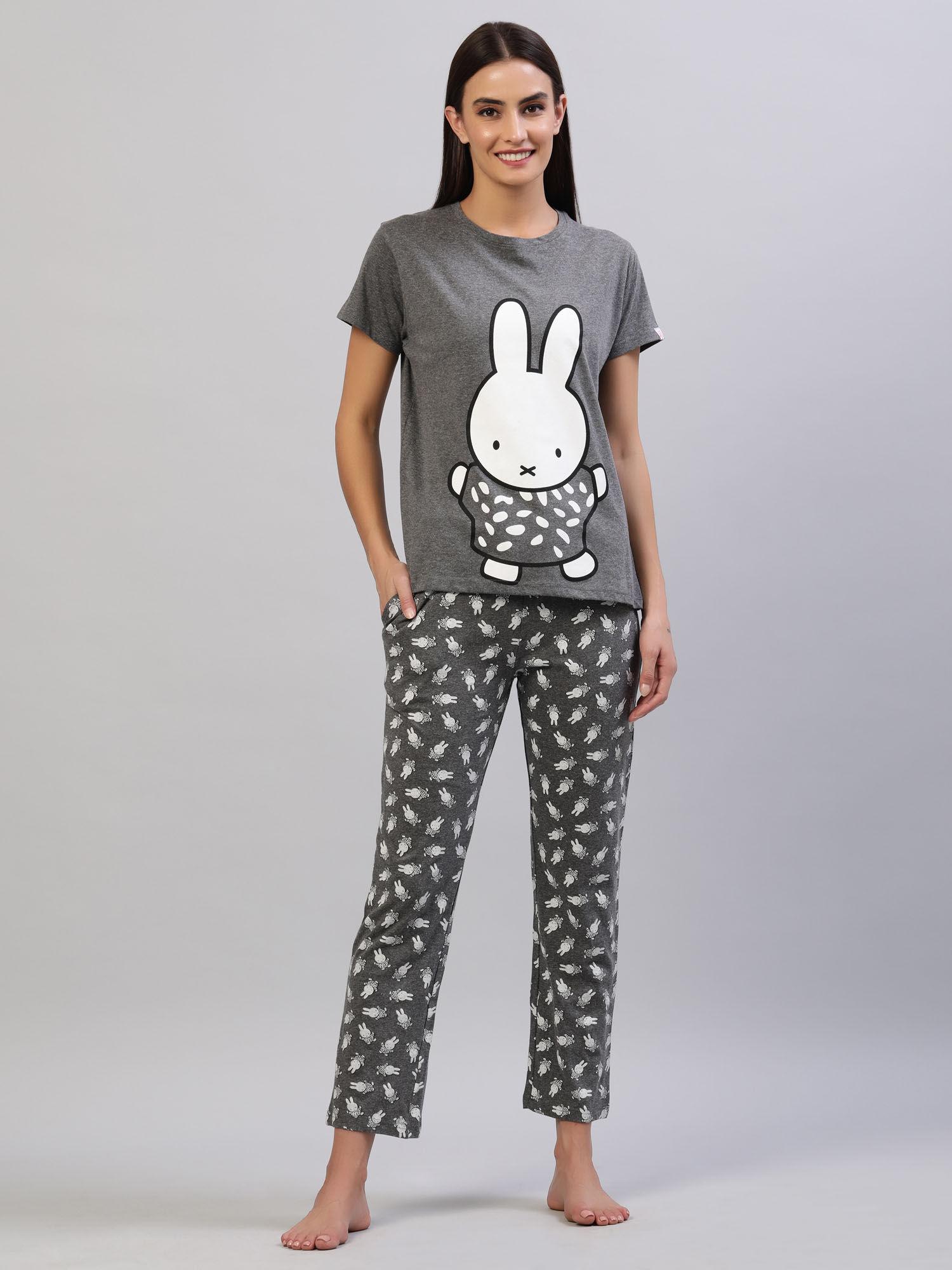 women's cotton knitted t-shirt & pyjama night suit anthra melange (set of 2)