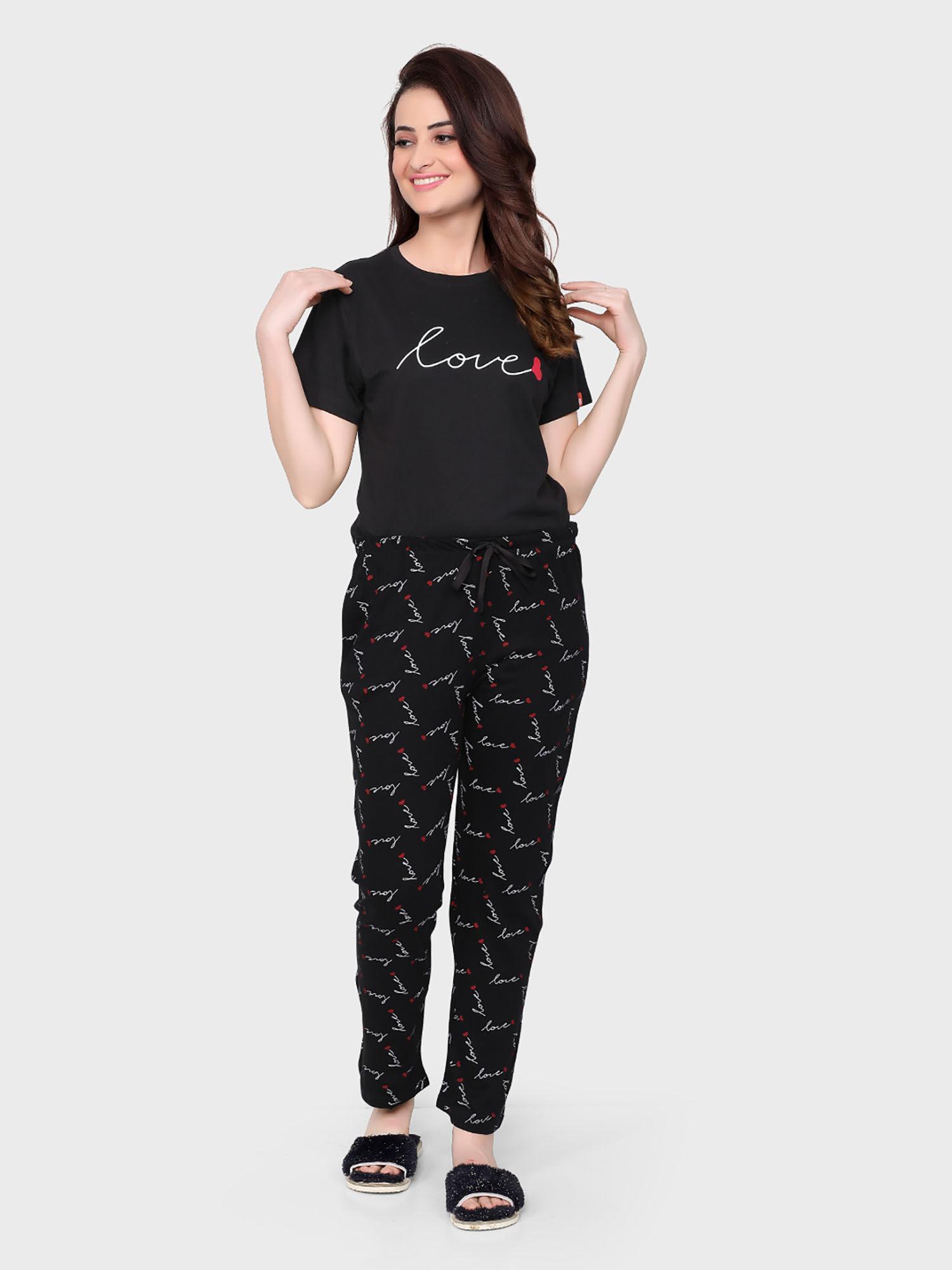 women's cotton knitted t-shirt & pyjama night suit black & red (set of 2)