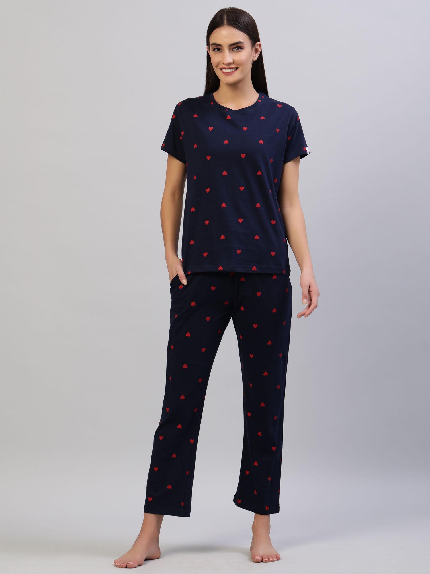 women's cotton knitted t-shirt & pyjama night suit navy blue (set of 2)