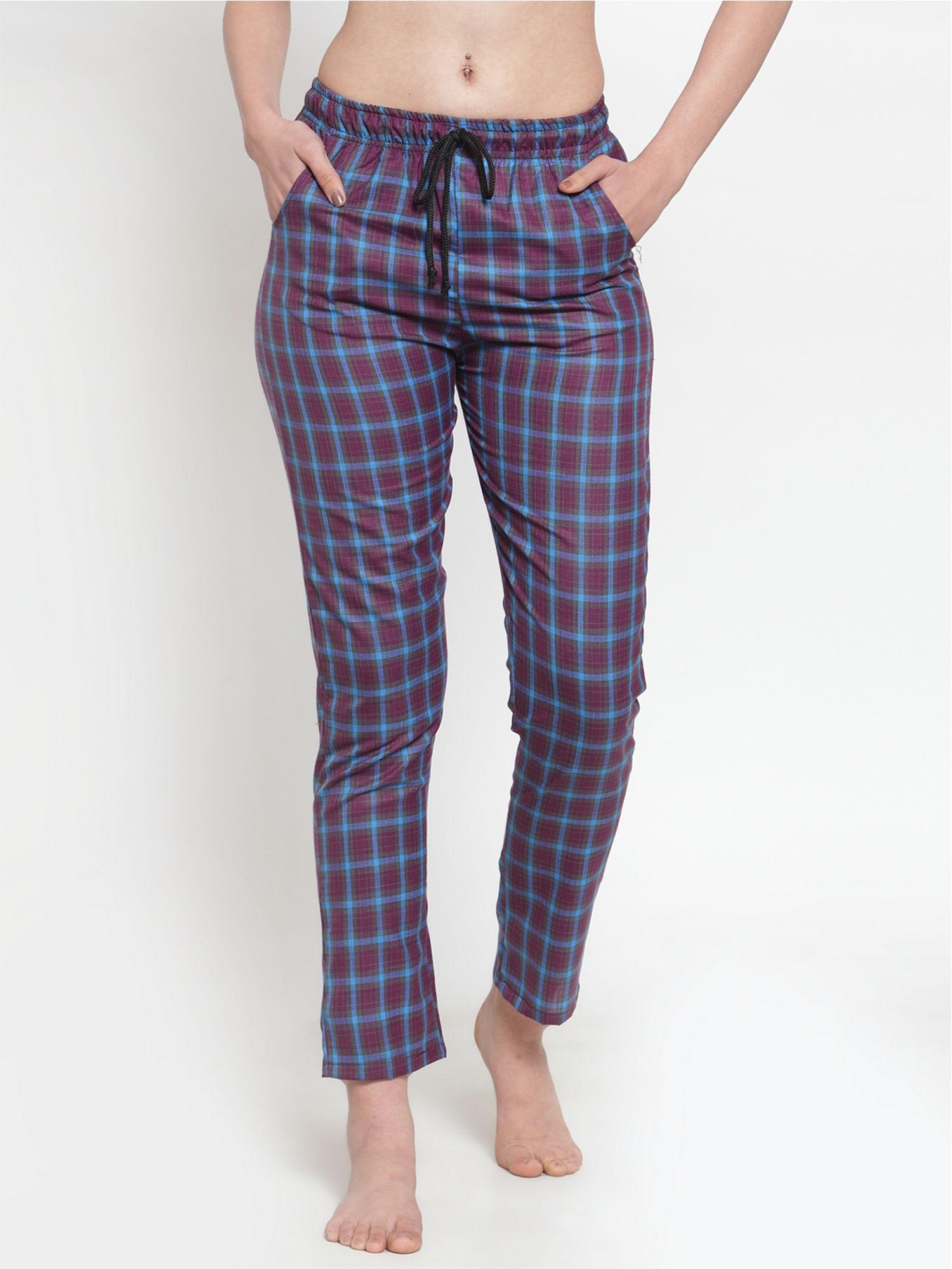 women's cotton maroon checkered pyjama