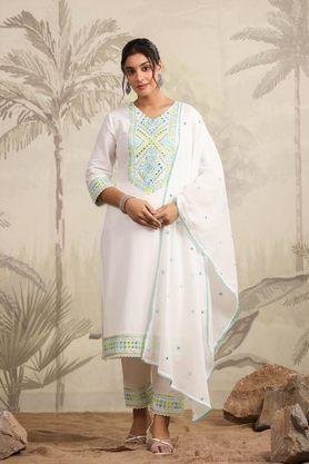 women's cotton mirror & sequin embroidered kurta pant & dupatta set - white