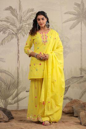 women's cotton mirror & sequin embroidery sharara set - yellow