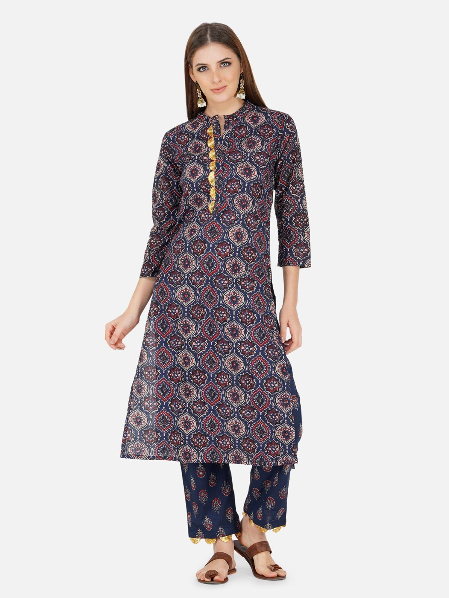 women's cotton navy ajrakh print straight kurta and pants (set of 2)