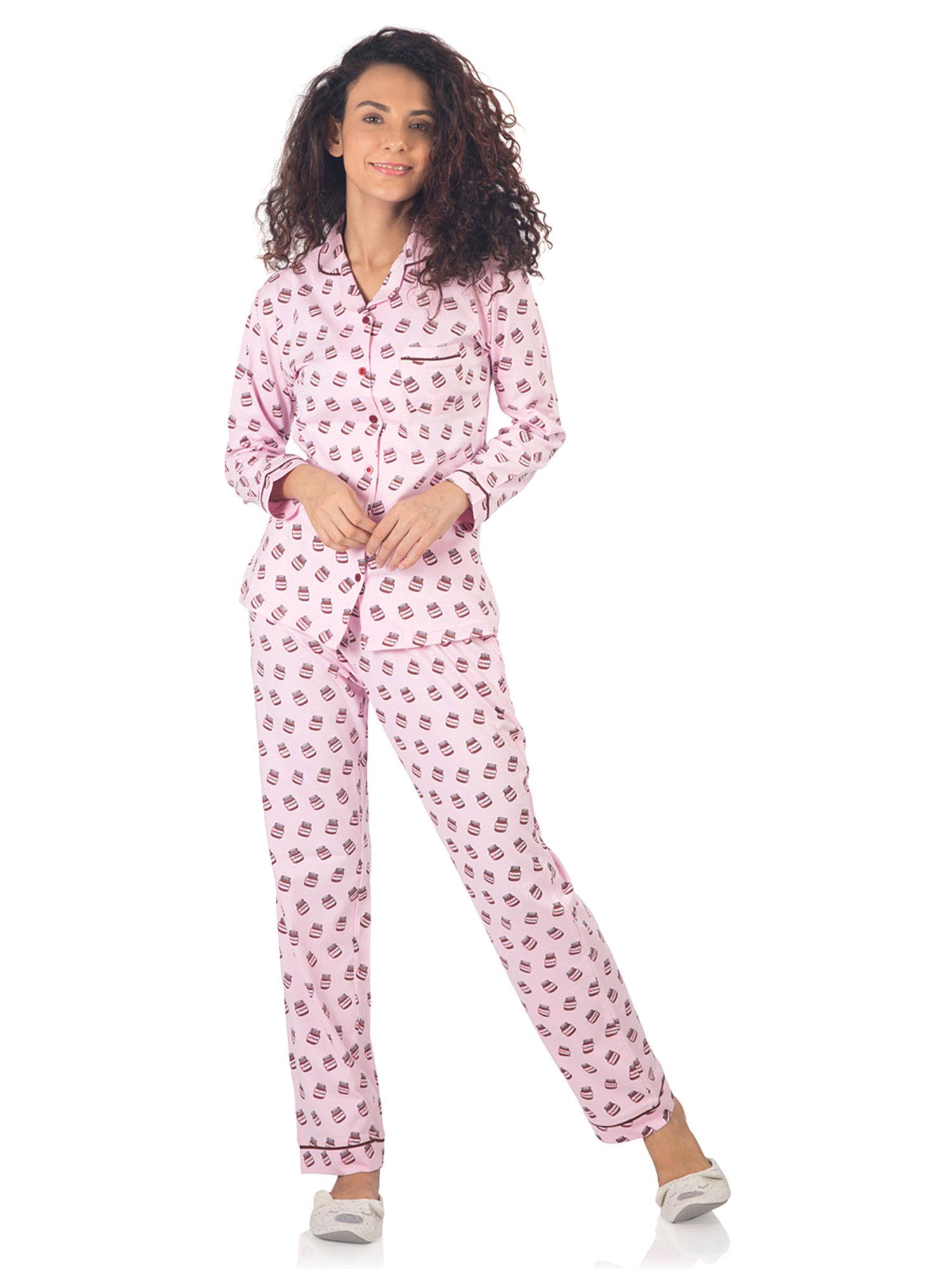 women's cotton nutella print pyjama set - pink