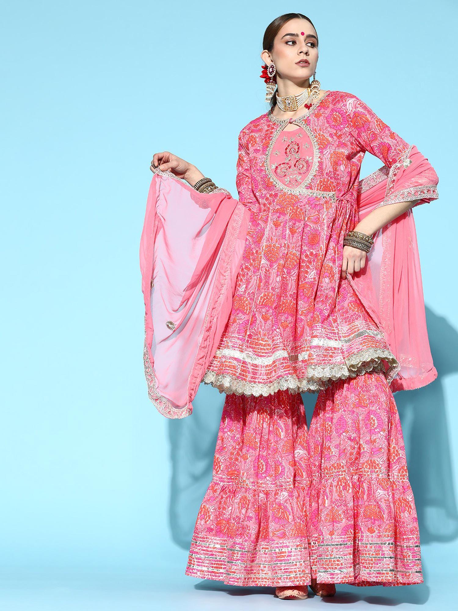 women's cotton pink embroidered anarkali peplum kurta sharara dupatta (set of 3)