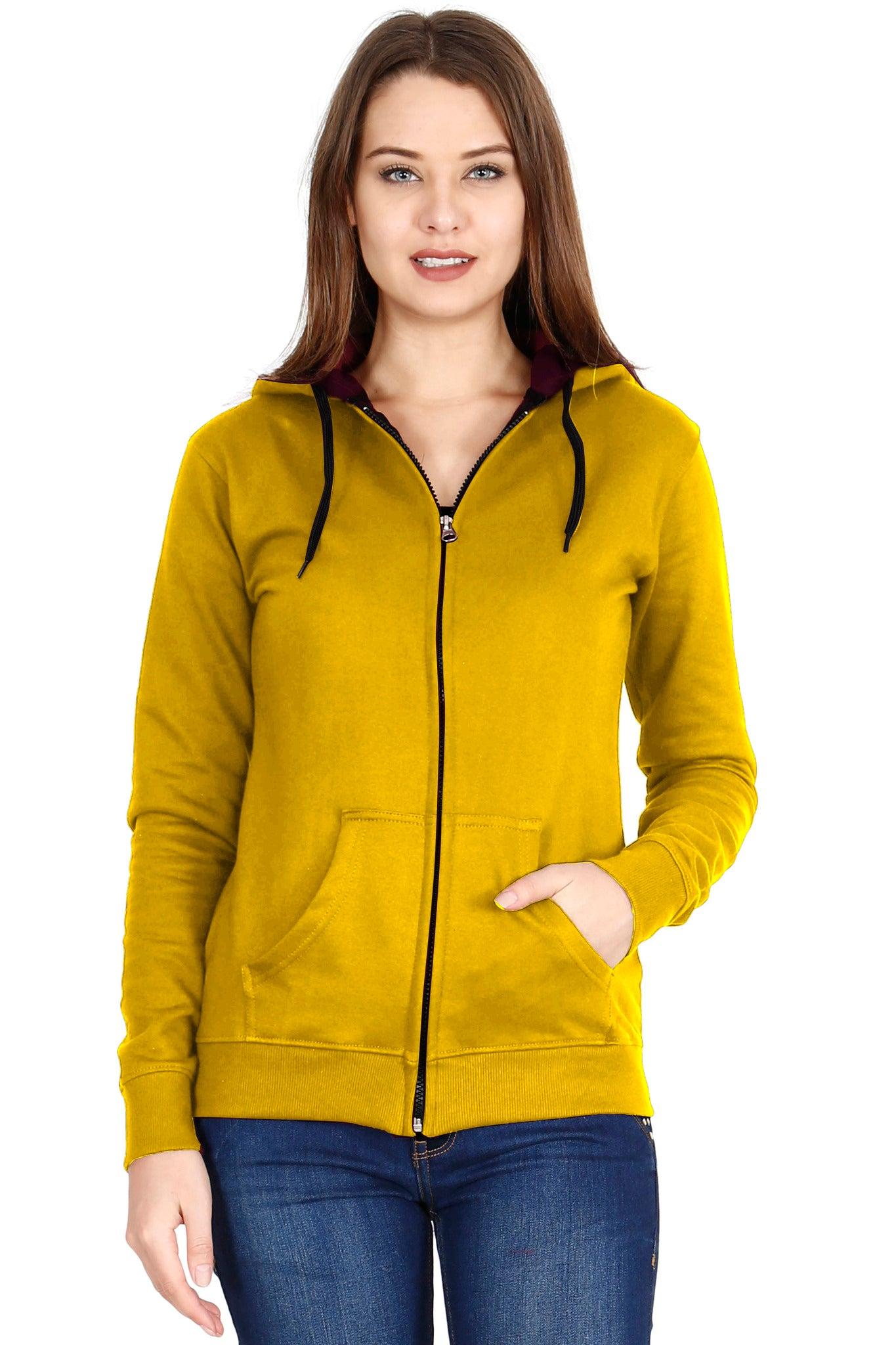 women's cotton plain full sleeve mustard yellow color hoodies/sweatshirt