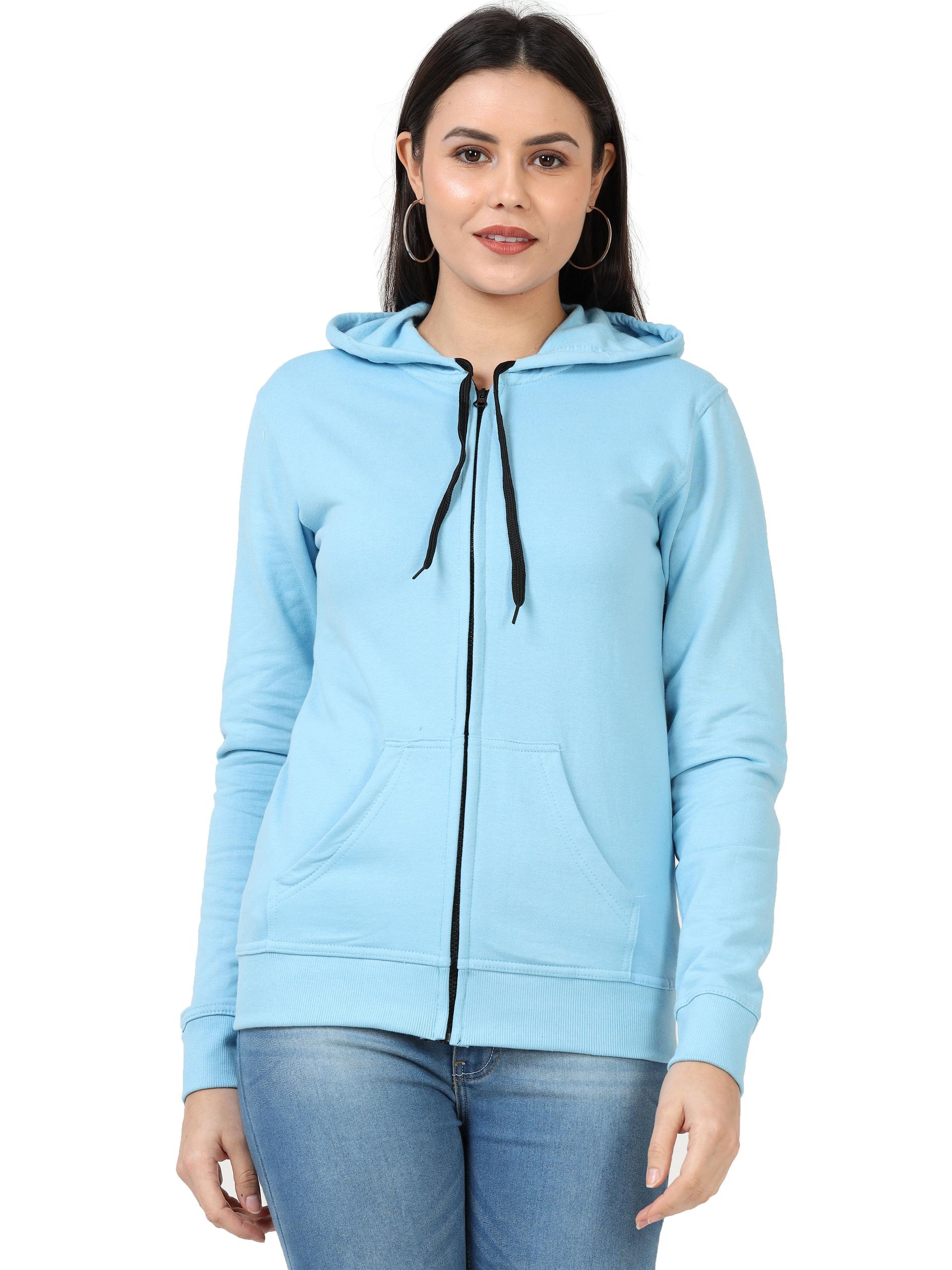 women's cotton plain full sleeve sky blue color hoodies/sweatshirt