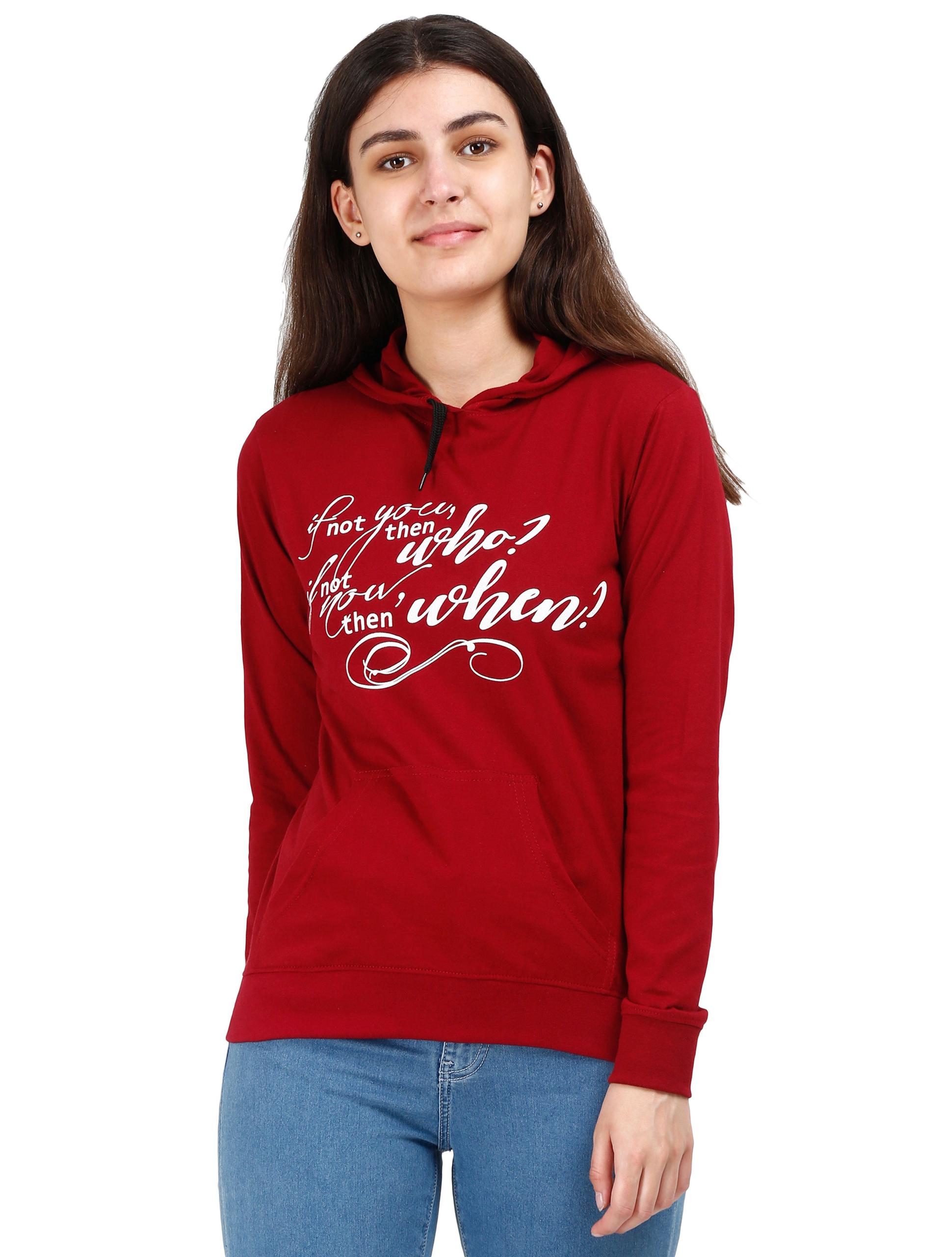 women's cotton printed full sleeve maroon color sweatshirt/hoodies