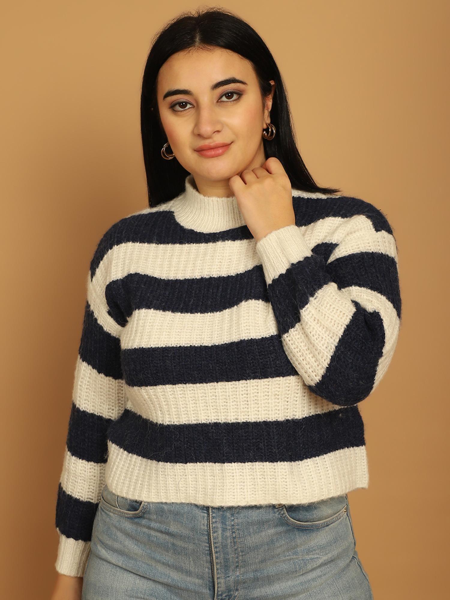 women's cotton pullover with striped blue white sweater