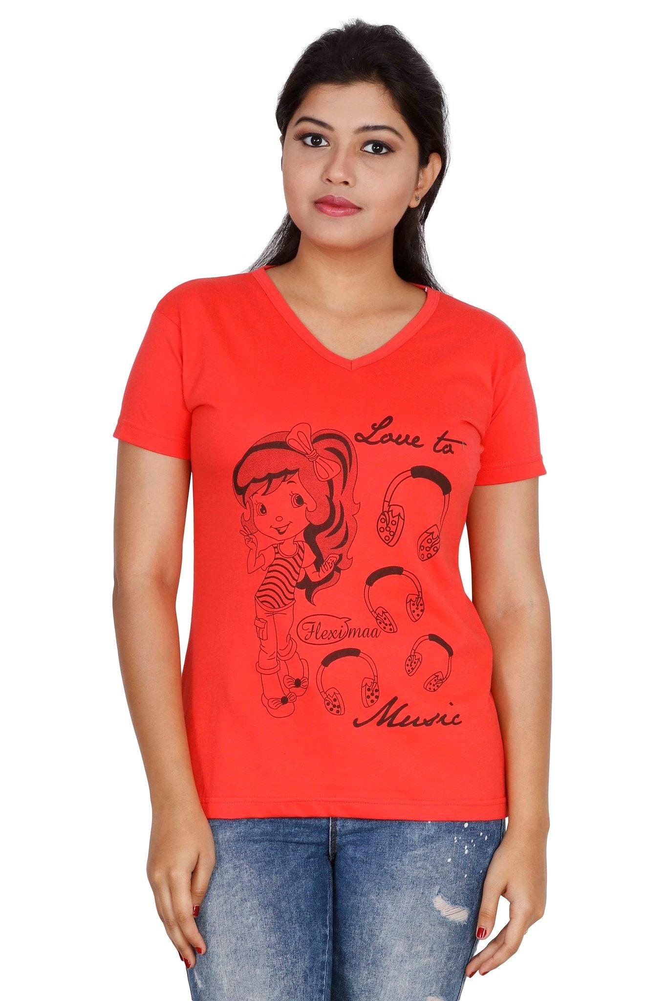 women's cotton v neck printed half sleeve t-shirt