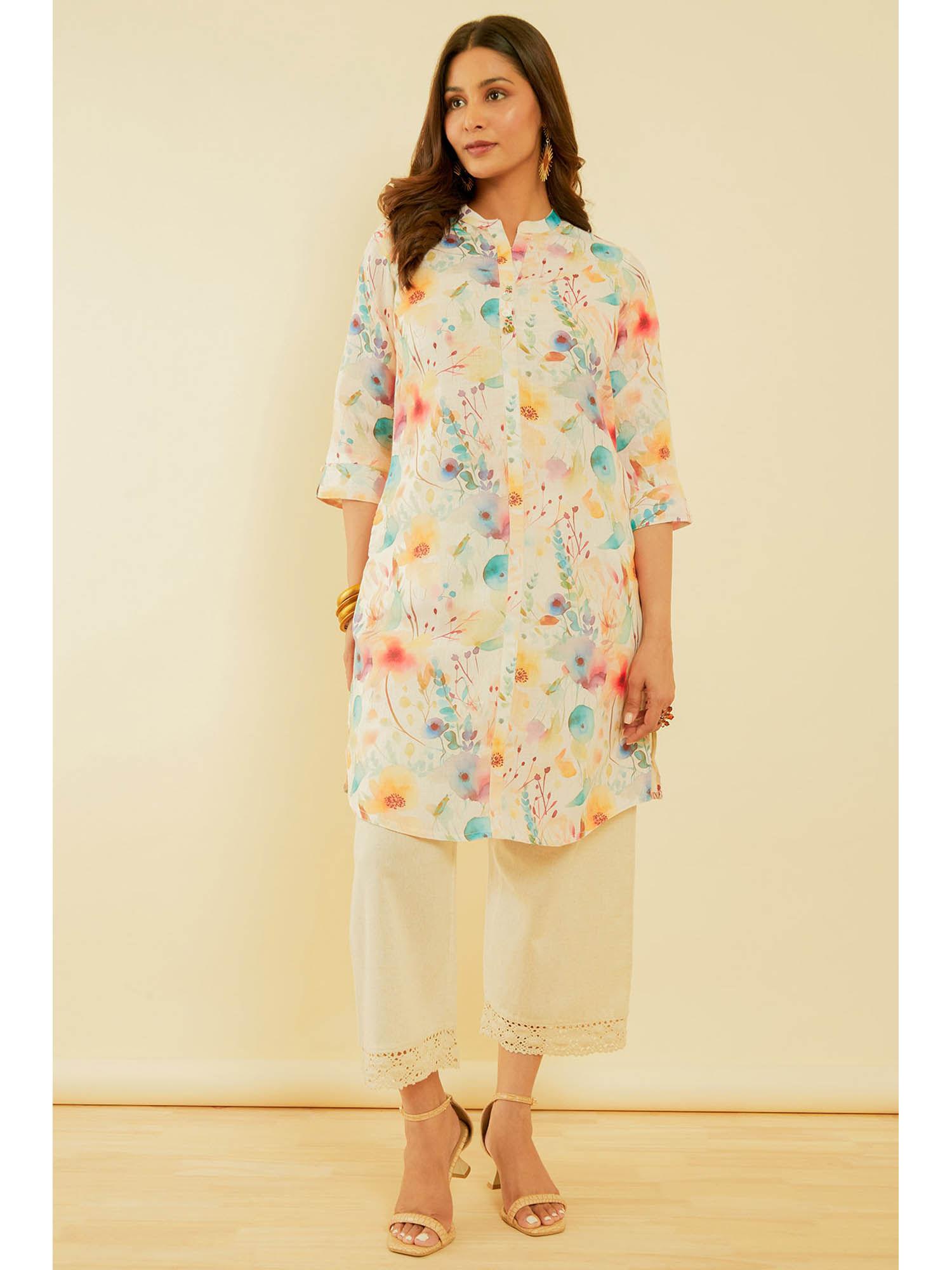 women's cream & blue abstract print linen blend kurta