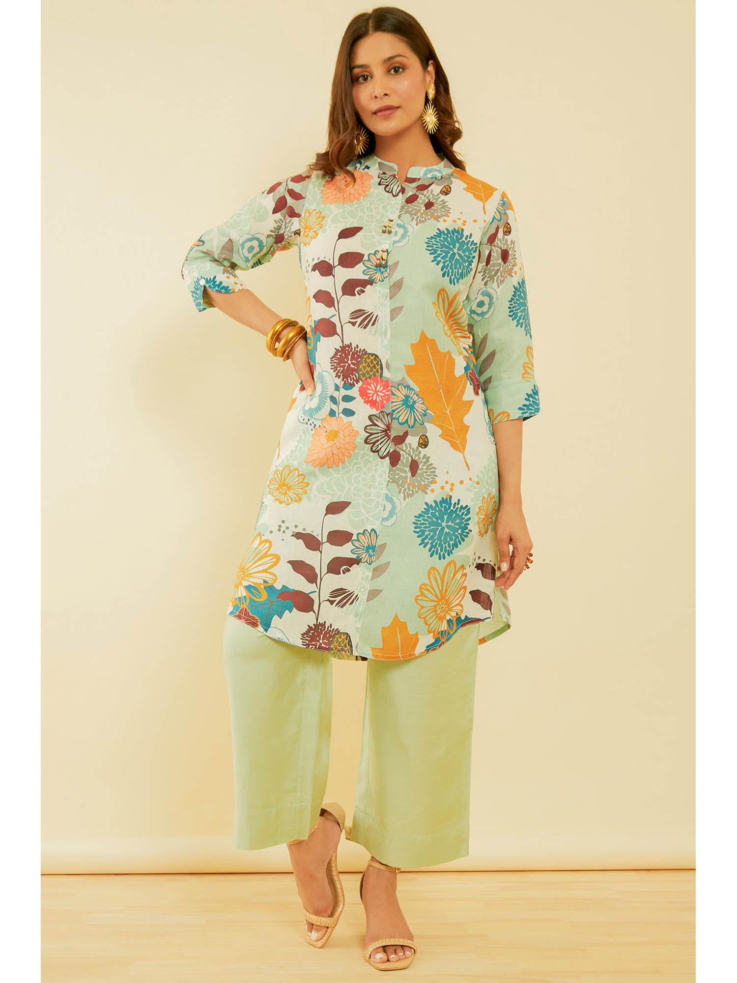 women's cream & green botanical print linen blend kurta