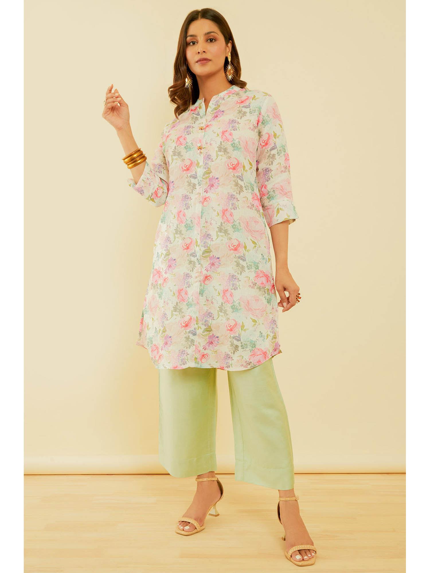 women's cream & purple linen blend floral print kurta