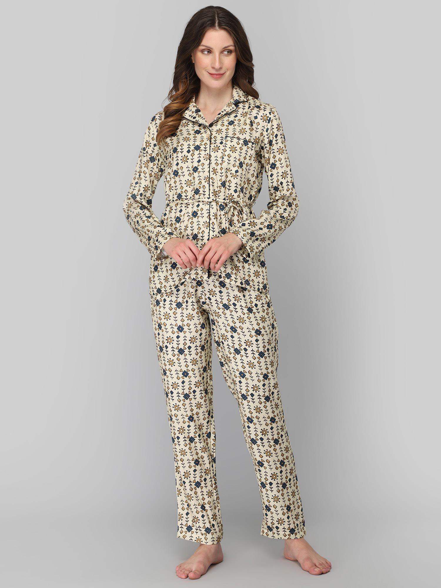 women's cream floral print night suit (set of 3)