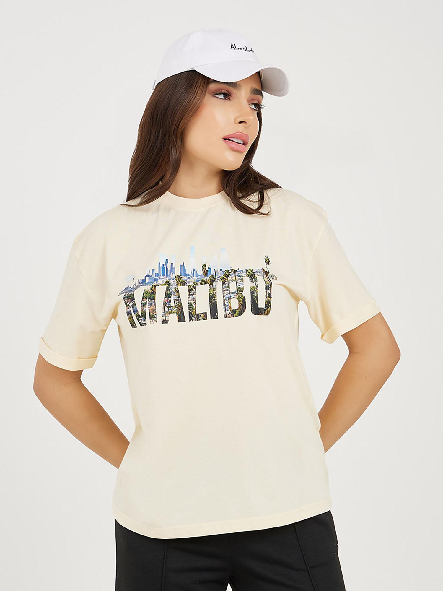 women's cream oversized malibu slogan round neck short sleeve cotton t-shirt