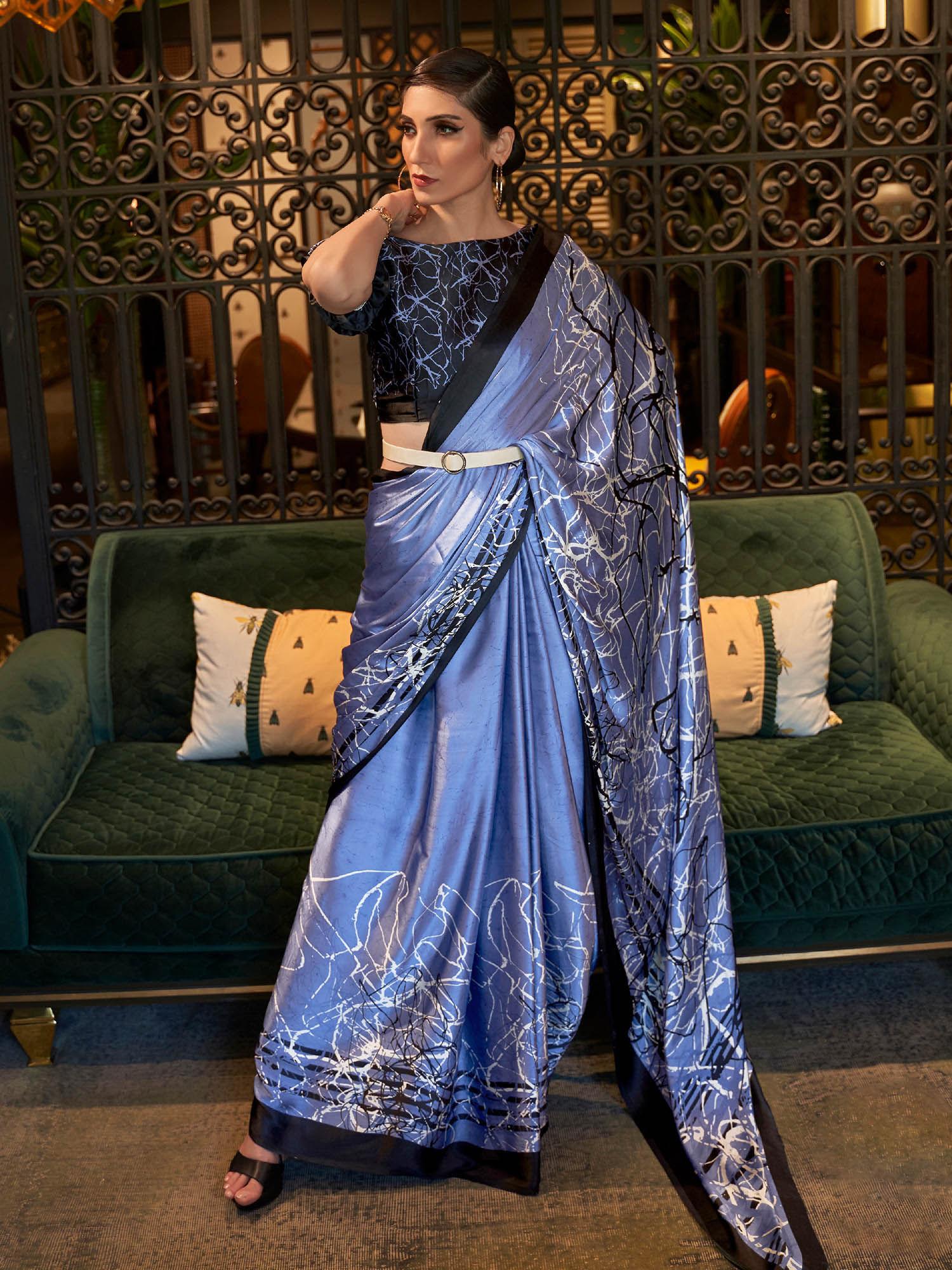 women's crepe blue printed celebrity saree with unstitched blouse