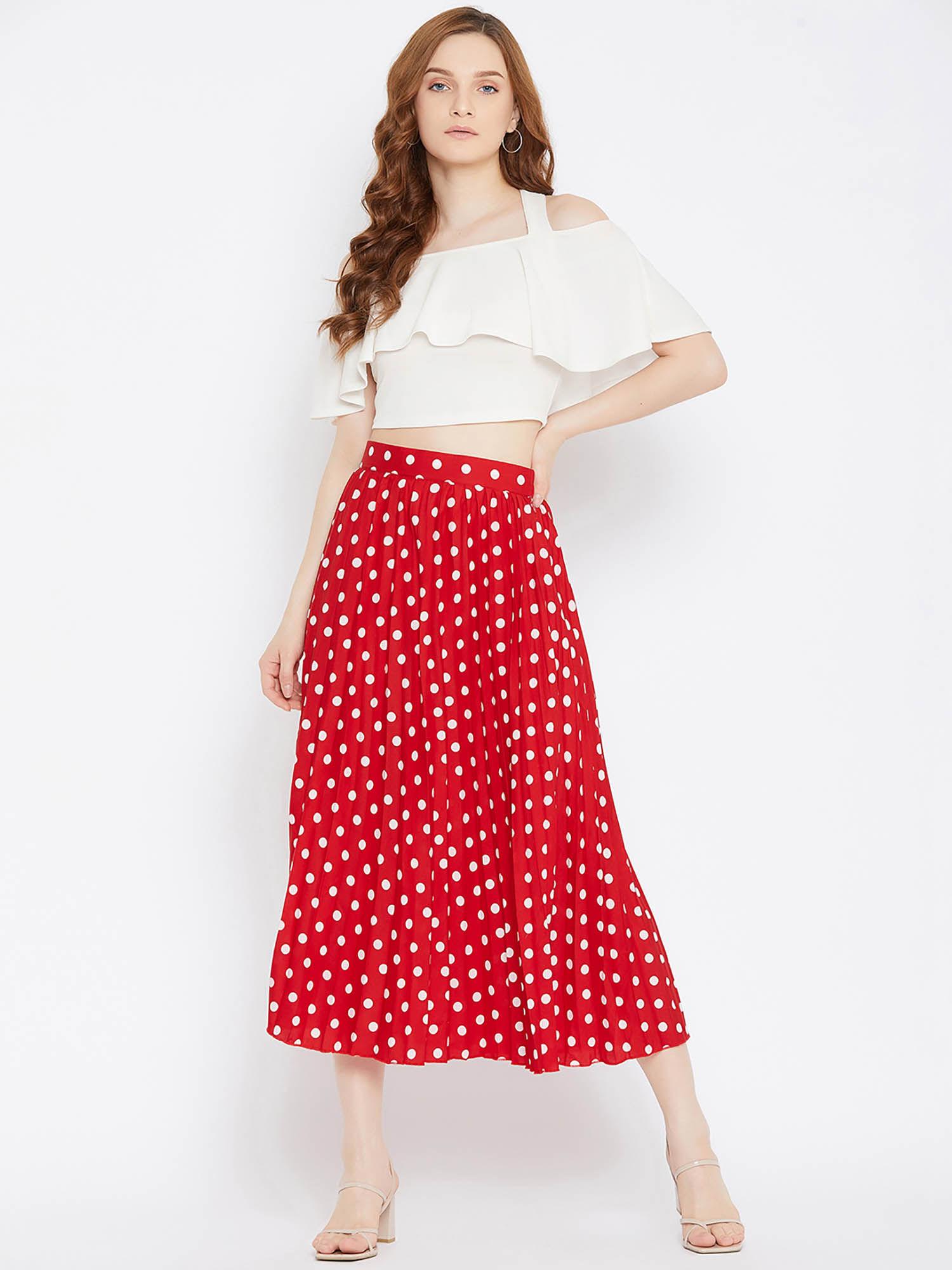 women's crepe printed pleated midi skirt red