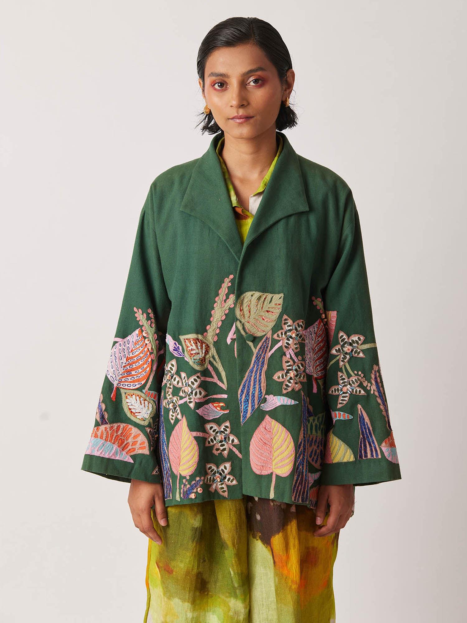 women's cyoti floral & embroidered green jacket