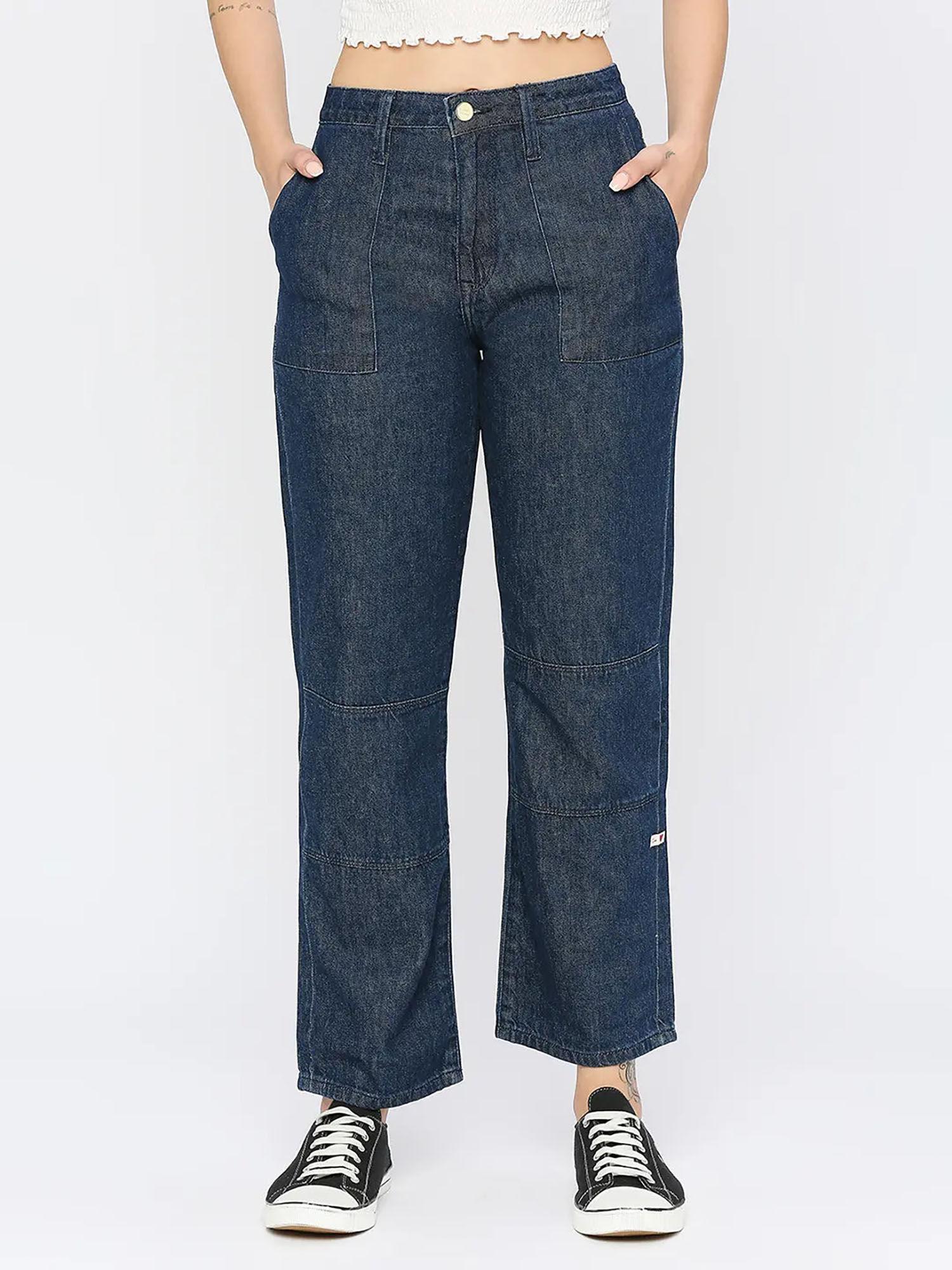 women's dark blue cotton straight fit - clean look high rise jeans - (bella)