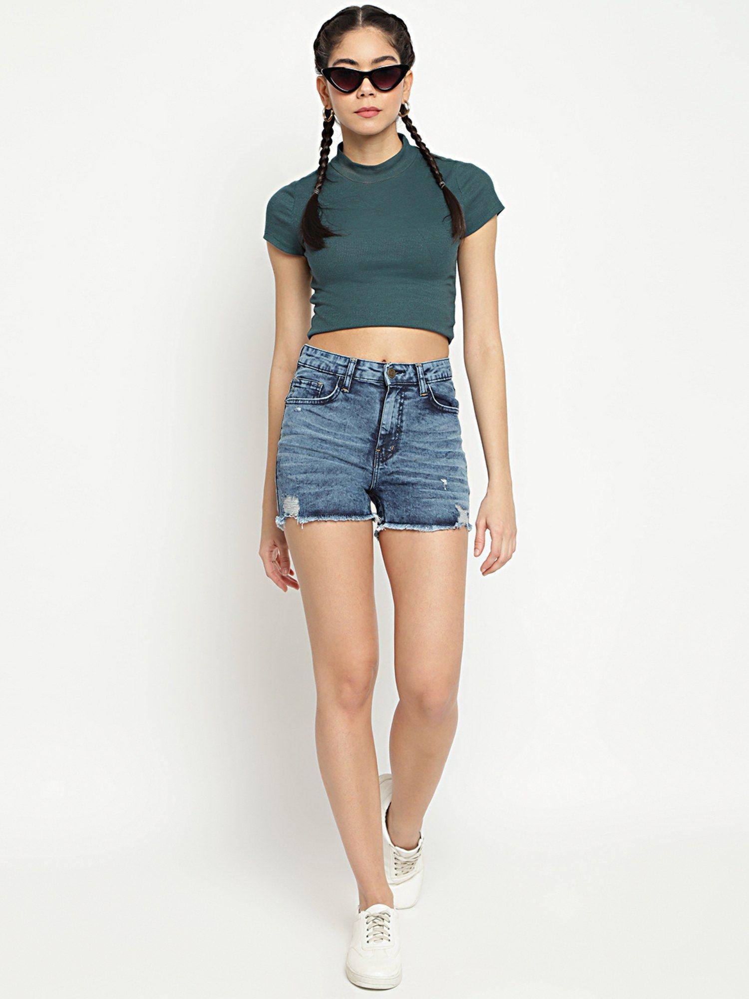 women's dark blue high rise ribbed denim shorts