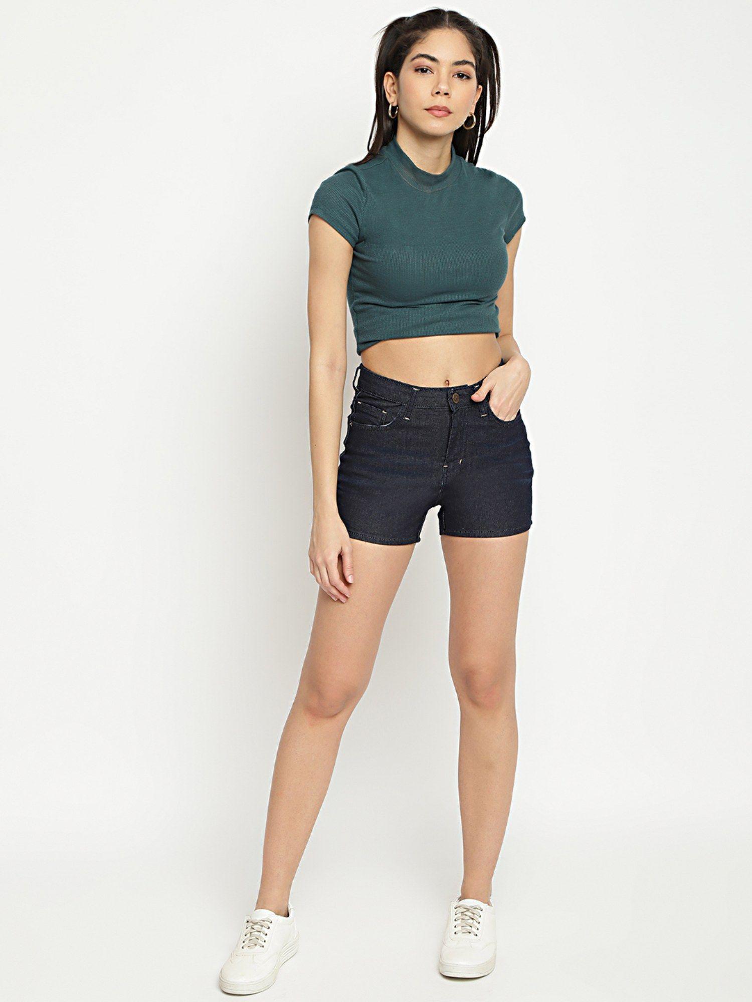 women's dark blue solid denim shorts