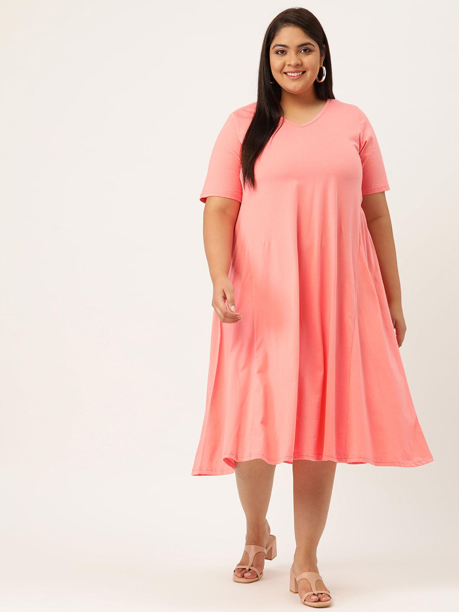 women's dark peach solid color v-neck cotton a-line dress