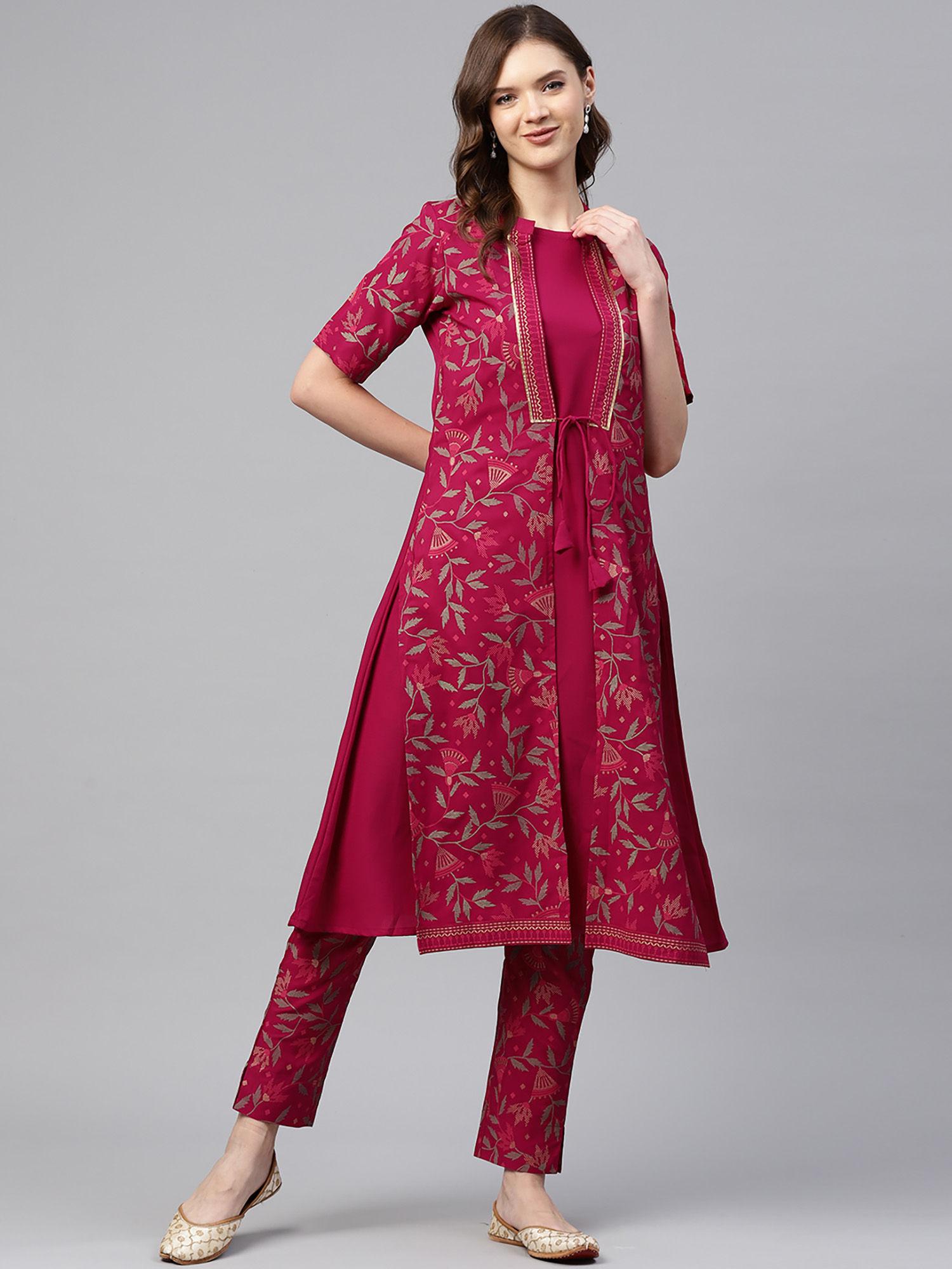 women's dark pink colour foil printed a-line kurta and pant (set of 2)
